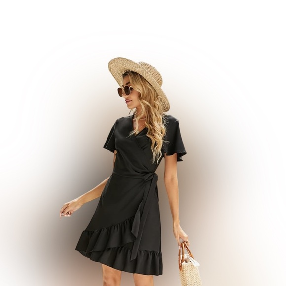 Naggoo Women''s Wrap V Neck Wraparound Black Ruffled Short Sleeve Mini Dress. - Picture 5 of 10